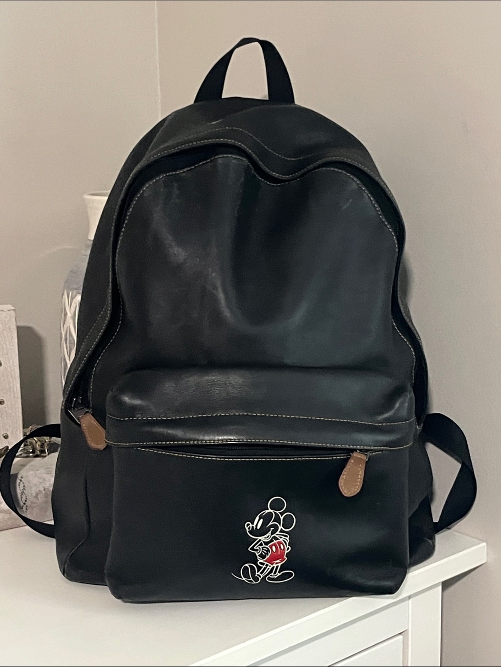 Coach Black Leather Backpack with Mickey Mouse Graphic and Tan Pulls